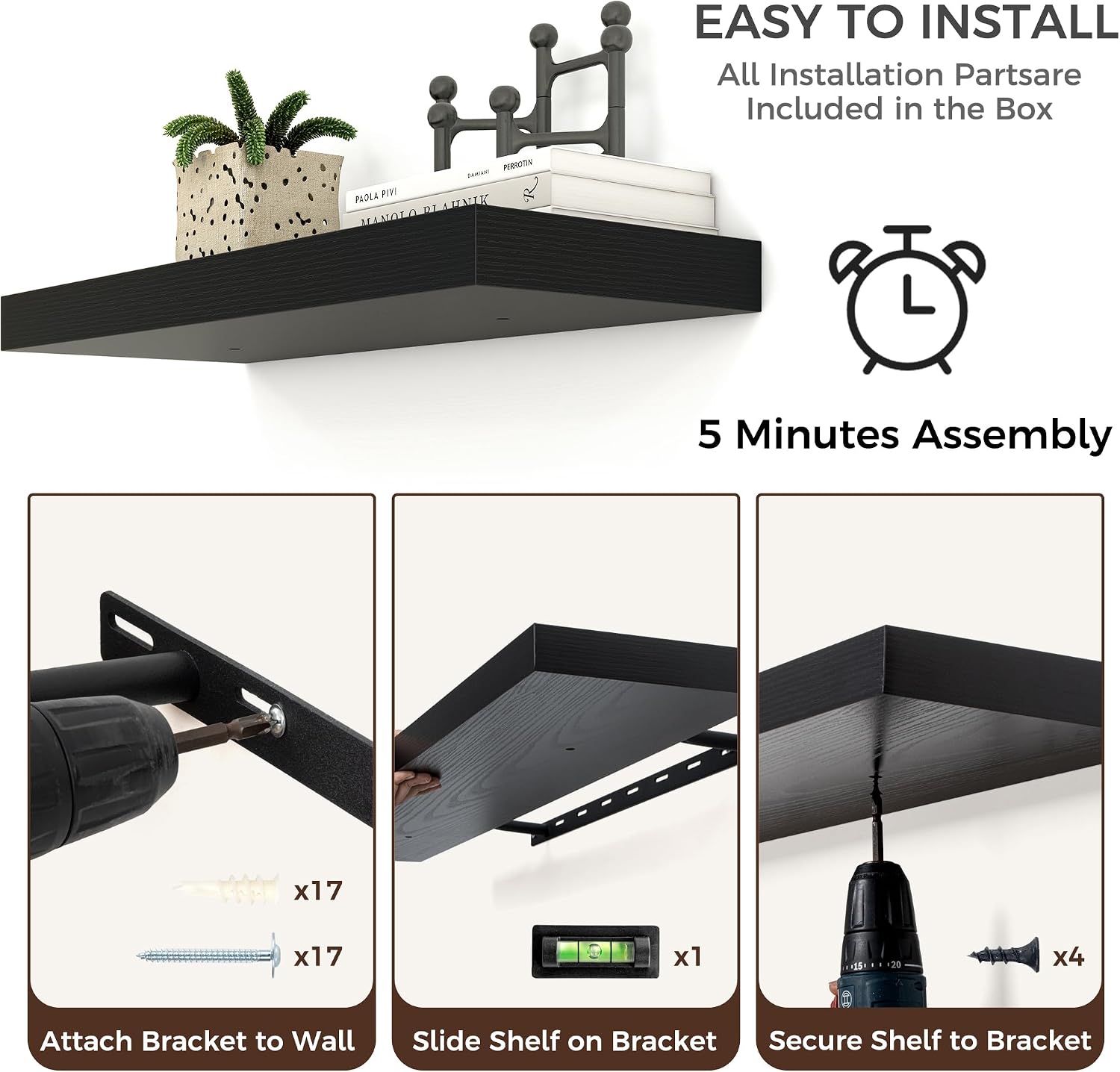 Venusmiles Floating Shelves for Wall, Engineered Wood Wall Shelves with Invisible Brackets for Living Room Bedroom Bathroom Office Kitchen Decor and Storage (Black, 72' W x 9' D x 1.5' H) Set of 1