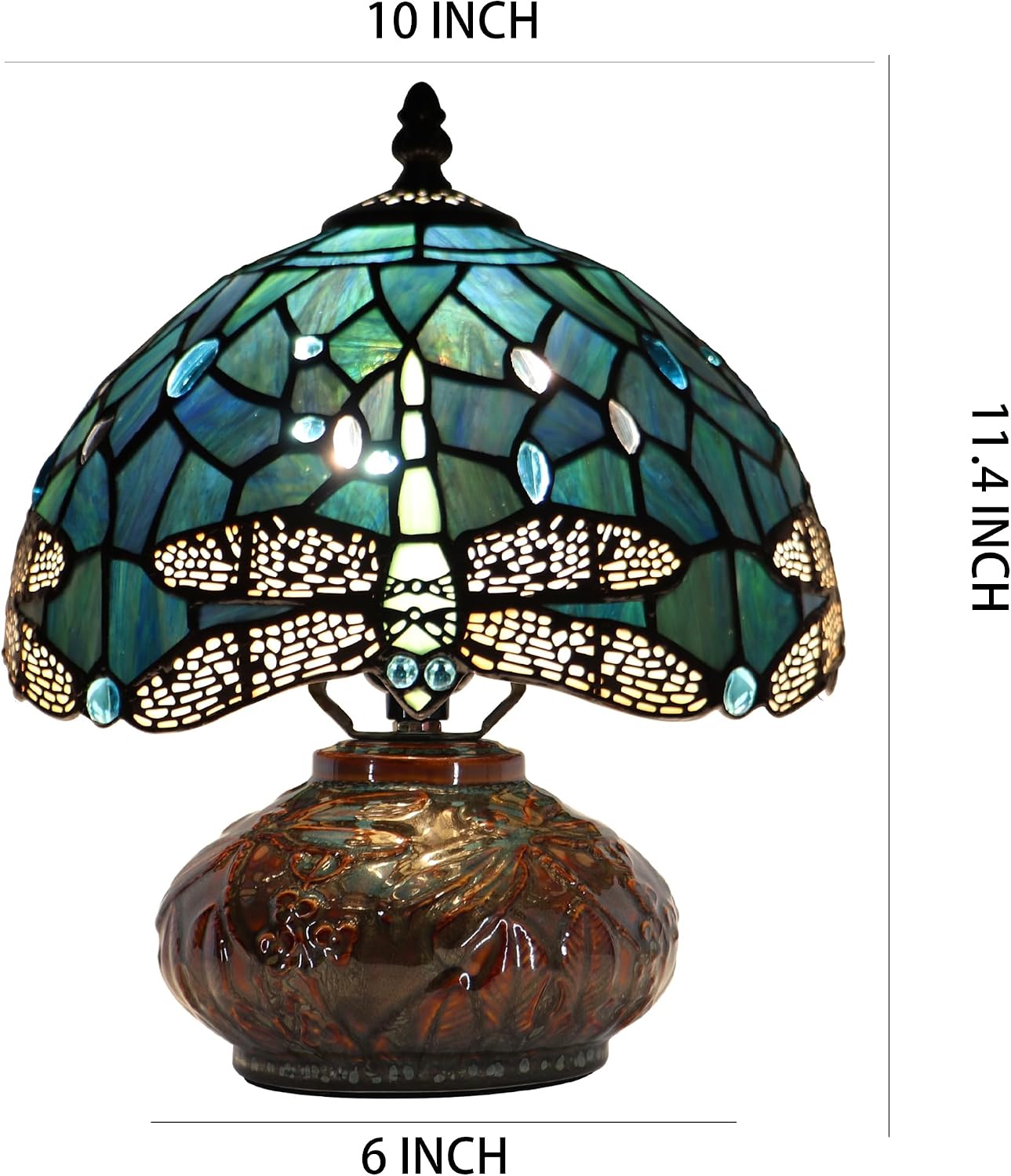 Small Tiffany Table Lamp, 10X10X11 Inch Mini Stained Glass Mushroom Desk Light Memory Sympathy Ceramic lamp (Sea Blue Dragonfly Style)