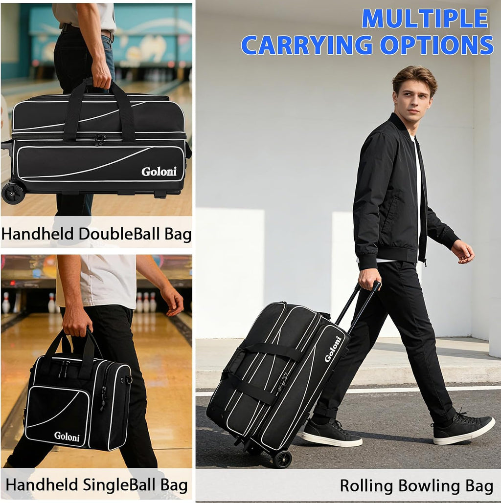 Goloni 3 Ball Bowling Bag with Wheels, Rolling Bowling Roller Bag with Retractable Handle for Balls & Bowling Accessories