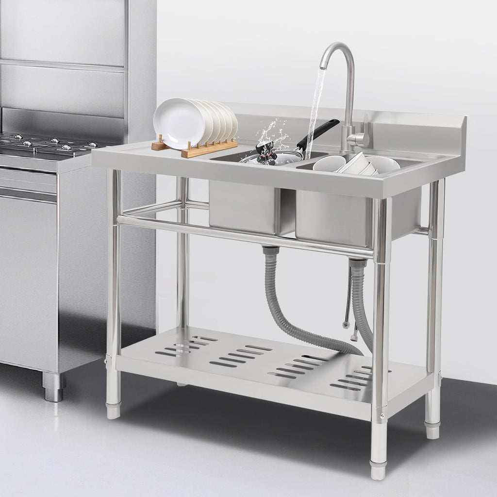 Stainless Steel Sink 2 Compartment Commercial Utility Sink Free Standing Kitchen Sinks with Cold and Hot Water Faucets for Kitchens, Garage, Laundry Room (39.4'W x 19.7'D x 36.6'H)