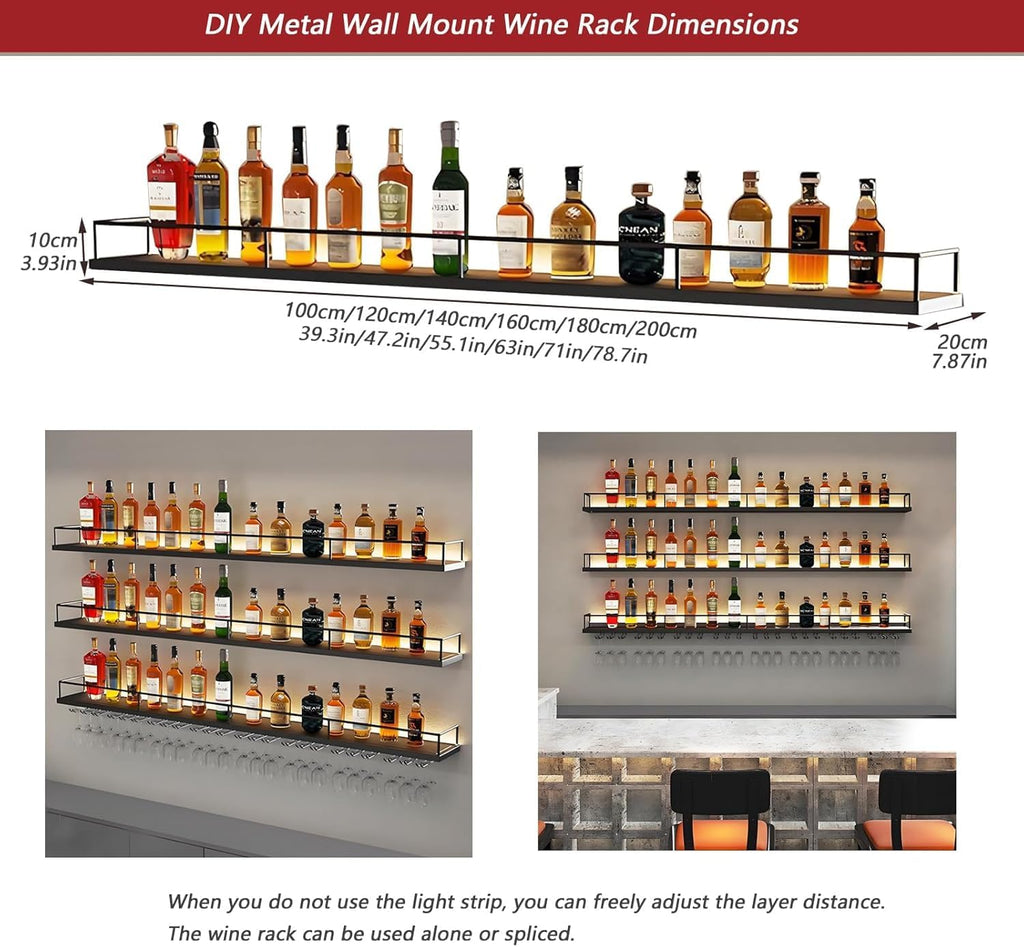 Wall-Mounted Metal Wine Rack with LED Lights 3-Tier Floating Bar Shelves with Wine Glass Rack Large Wine Bottle Display Rack Hanging Shelf, for Home Bar Dining Room Decorative (gold, 100cm/39.3in)