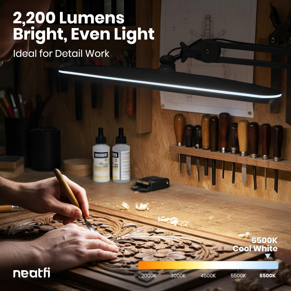 Neatfi XL 24W LED Desk Lamp – 2,200 Lumens | 23' Wide Shade | Dimmable Eye-Caring Task Light | Adjustable Arm | Office, Study, Crafting & Nail Techs (Black, Non-CCT with Base)