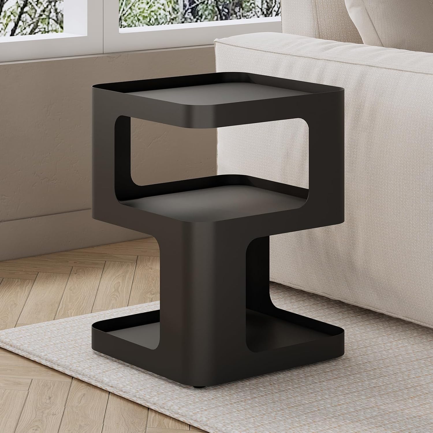 Modern Side Table for Sofa & Couch,Black Metal Bedside Table,3 Tier end Tables with Storage for Living Room & Bedroom,Compact Nightstand for Small Spaces,No Assembly Required
