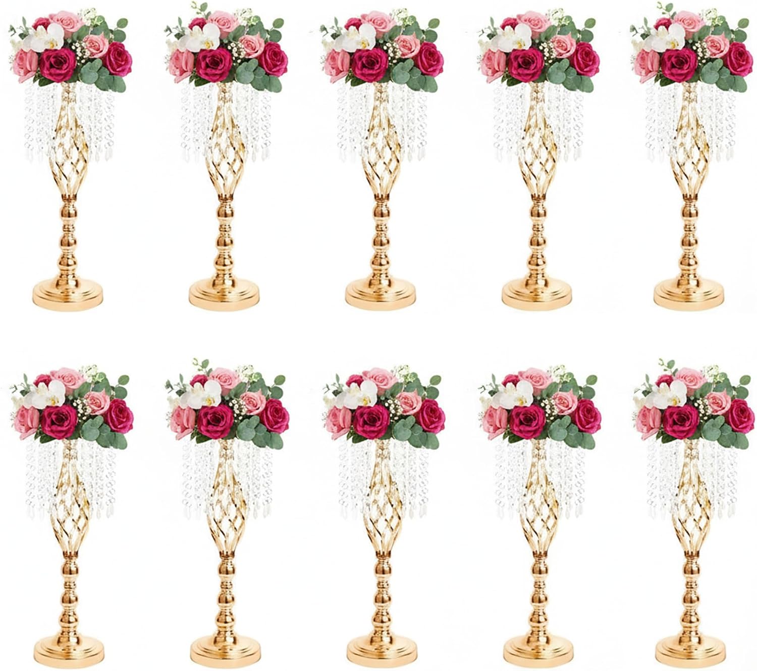 Metal Flower Stands with Crystal Beads - Wedding Centerpieces for Table Decorations, Elegant Metal Flower Arrangement Stands, Flower Vases for Wedding Party Celebration Home Decor (Gold-10pcs)