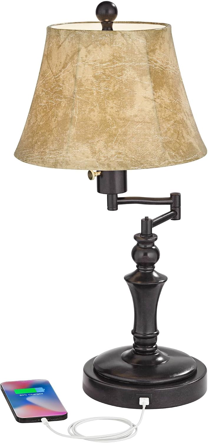 Regency Hill Corey 21 3/4' High Small Farmhouse Rustic Traditional Desk Lamps Set of 2 USB Port with Socket Swing Arm Brown Bronze Finish Metal Shade Home Office Living Room Charging Bedroom Bedside