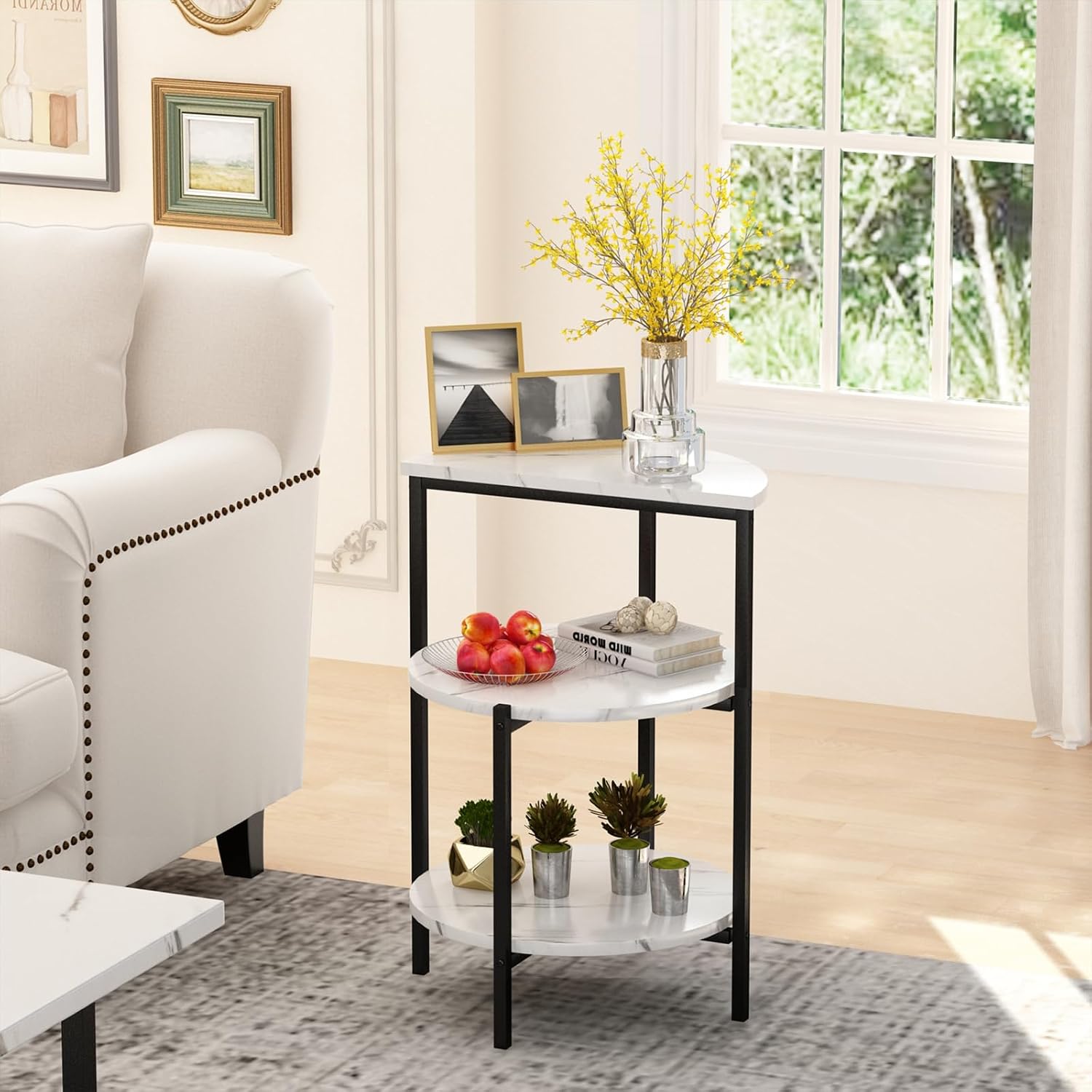 Lamerge Coffee Table Set of 3,Rectangle Coffee Table&2 Accent Table,Faux Marble Tabletop,3 Piece Living Room Table Sets with Multi Tier Storage, for Small Space, Apartment,White & Black