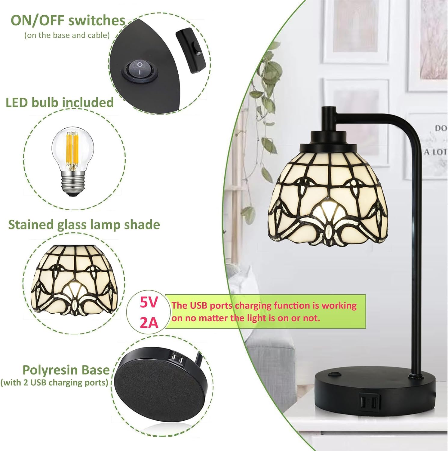 TL0020 Tiffany Table Lamp with 2 USB Charging Ports, Desk Lamp with White Baroque Stained Glass Lamp Shade, Retro Nightstand H 14.5' for Bedrooms Office Study, LED Bulbs Included (White)
