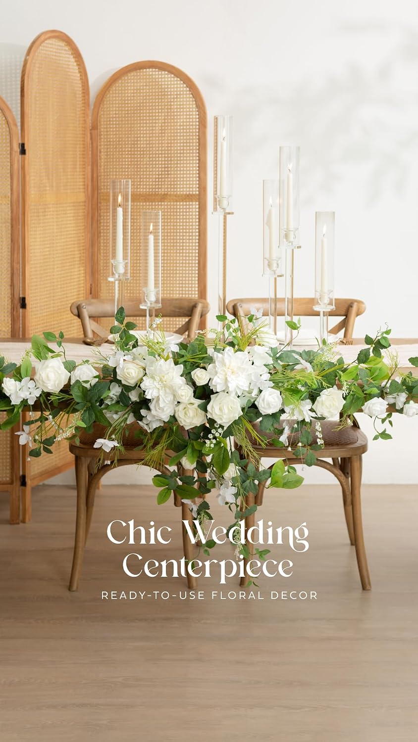 Ling's moment 9FT Flower Garland for Backdrop Decorations - Wedding Arch Flowers, Eucalyptus & Rose, Artificial Floral Garland for Mantle - Sweetheart Table Decor for Ceremony Reception, Lily White