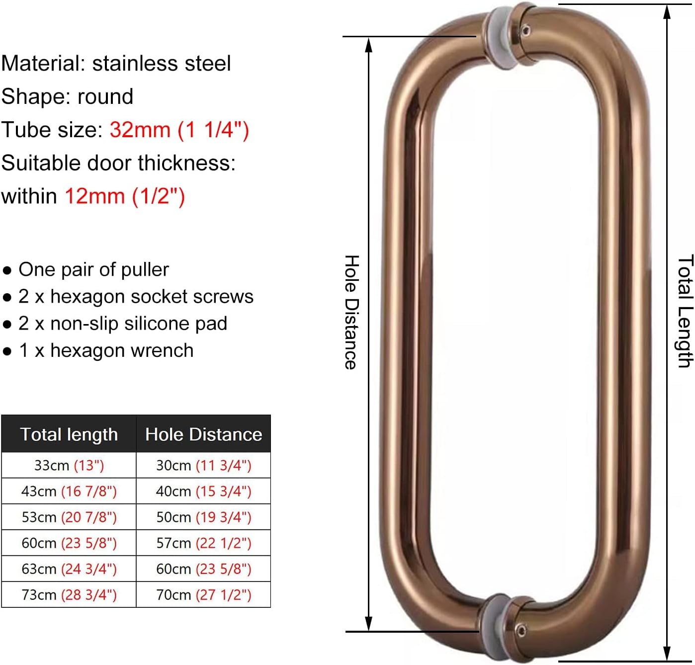 Double Side Push Bar Door Handle, Round Style Gate Pulls for Residential, Brushed Glass Pull Handle with Mounting Screws, for Shops/Barn,Rose Gold-63cm (24 3/4