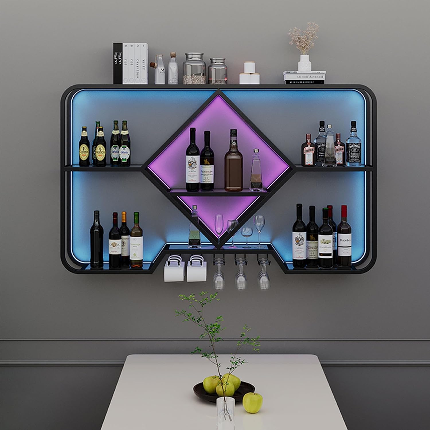 Wine Rack Floating Bar Shelves Wall Mounted Liquor Shelf with LED Light Liquor Bottle Display Shelf with Wine Glass Rack for Liquor Bottles for Home Bar Living Room Restaurant Cafe Kitchen(Black,100cm