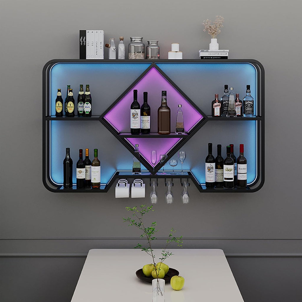 Wine Rack Floating Bar Shelves Wall Mounted Liquor Shelf with LED Light Liquor Bottle Display Shelf with Wine Glass Rack for Home Bar Living Room Restaurant Cafe Kitchen (Black, 120cm)