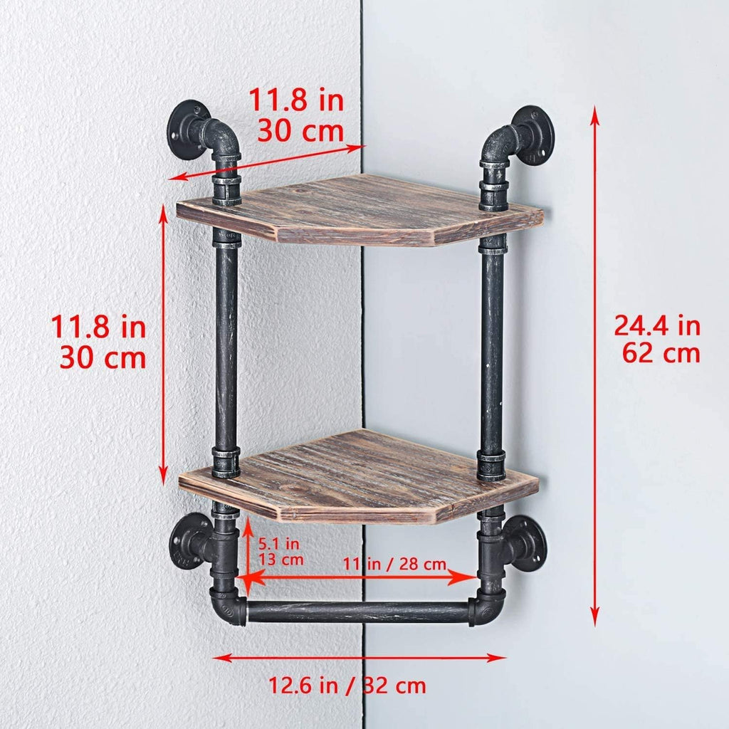 Industrial Pipe Shelf Corner Shelves with Towel Bar Bathroom Shelves Wall Mounted 2 Tiered Metal and Wood Home Decor Floating Shelves