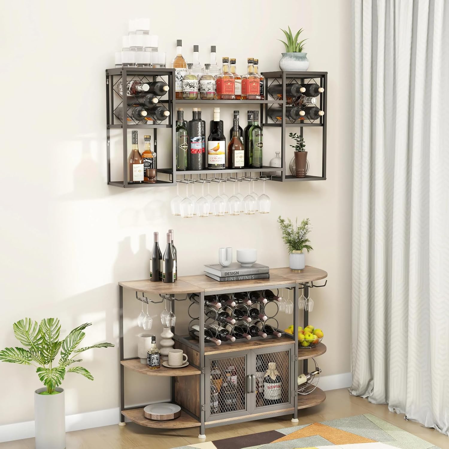 Wall Mounted Wine Rack with Glass Holder for Home Bar Storage | Display Spirits & Glasses in Restaurants, Home Kitchens or Studios. Provides Effortless Storage Access