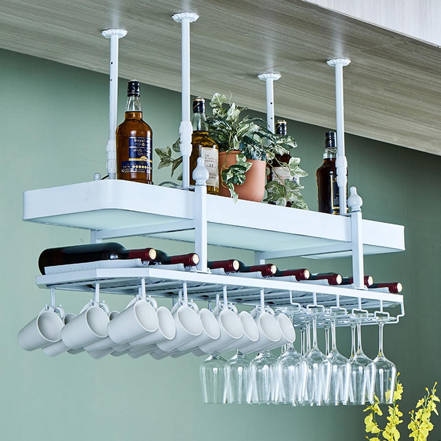 Ceiling Wine Rack Bar Shelves Storage Wall Mounted with Hanging Glass Holder Liquor Cabinet Bottle Display Whiskey Shelf Corner Kitchen Shelf Rack with LED Light for Home