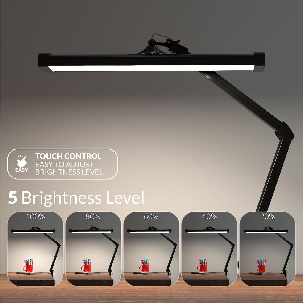 Ultra Bright 2300 Lumens Professional Eye Care LED Desk Lamp - Adjustable Brightness, Dimmable Modern Task Light with Clamp for Home Office, Beauty, Crafting, Workbench (Daylight, Dimming, Black)