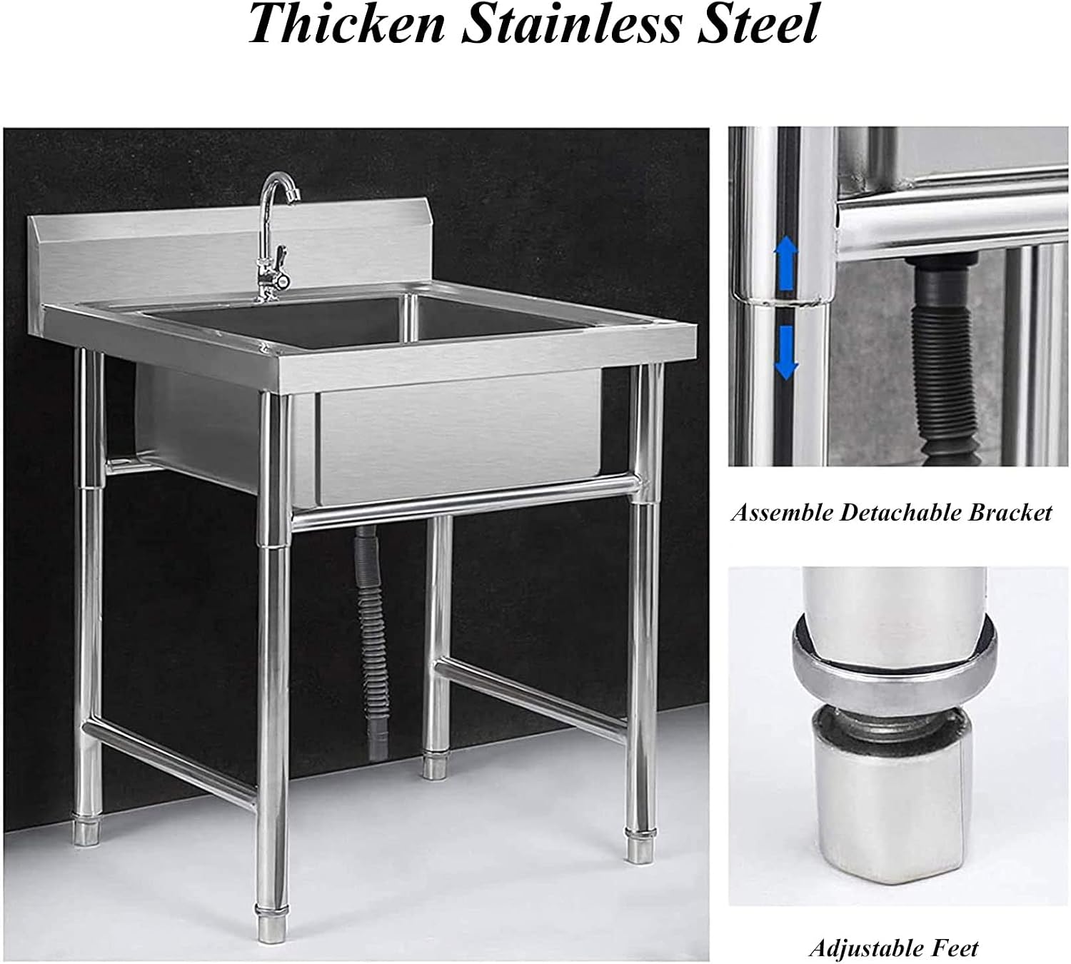Commercial Restaurant Sink 304 Stainless Steel Sink Kitchen Bar Free-Standing Single Bowl Sink for Prep Utility Washing Hand Basin Laundry Outdoor Protable