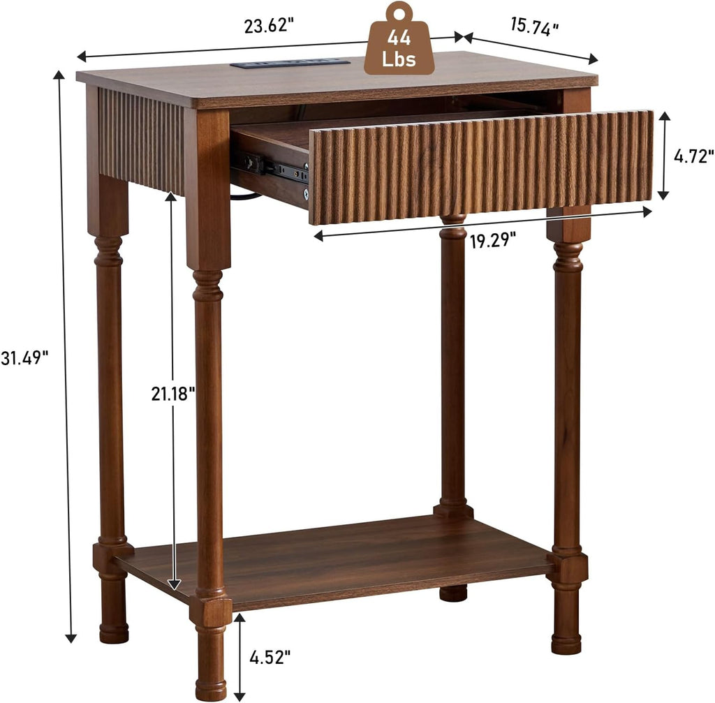 23.6' Large End Table with Charging Station, Set of 2, Modern Farmhouse Side Table with Drawer&Open Shelf, Fluted Wood Bedside Table Sofa Tables Night Stand for Bedroom Living Room Home Office,Walnut