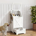 Dog Feeding Station with Storage,Wooden Pet Food Storage Cabinet,Equipped with 2 High Footed Bowls and 3 Hooks,Top Glass Flip Cover,Anti Tipping Device (Dog Feeding Station-White)