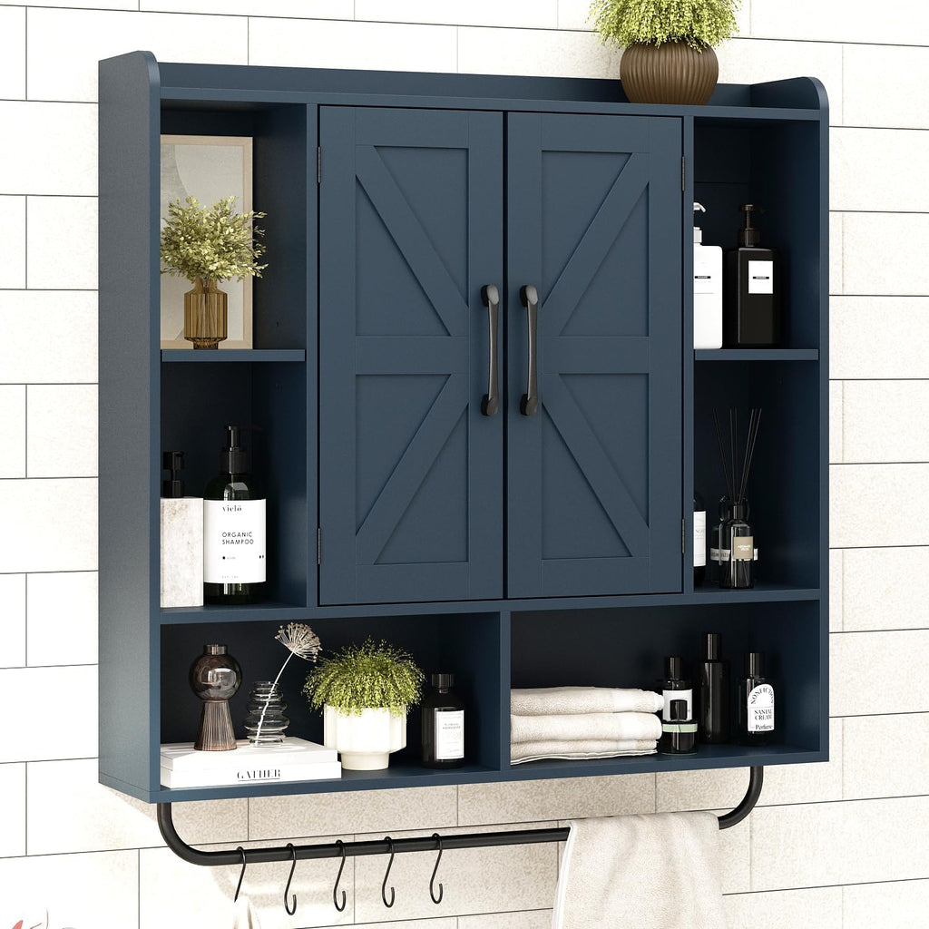 RUSTOWN Rustic Wood Wall Bathroom Cabinet, Farmhouse Medicine Cabinet Wall Mounted, Space Saving Wall Storage Cabinet with 2 Barn Door, 3-Tier Adjustable Shelves and Towel Bar(Navy Blue)