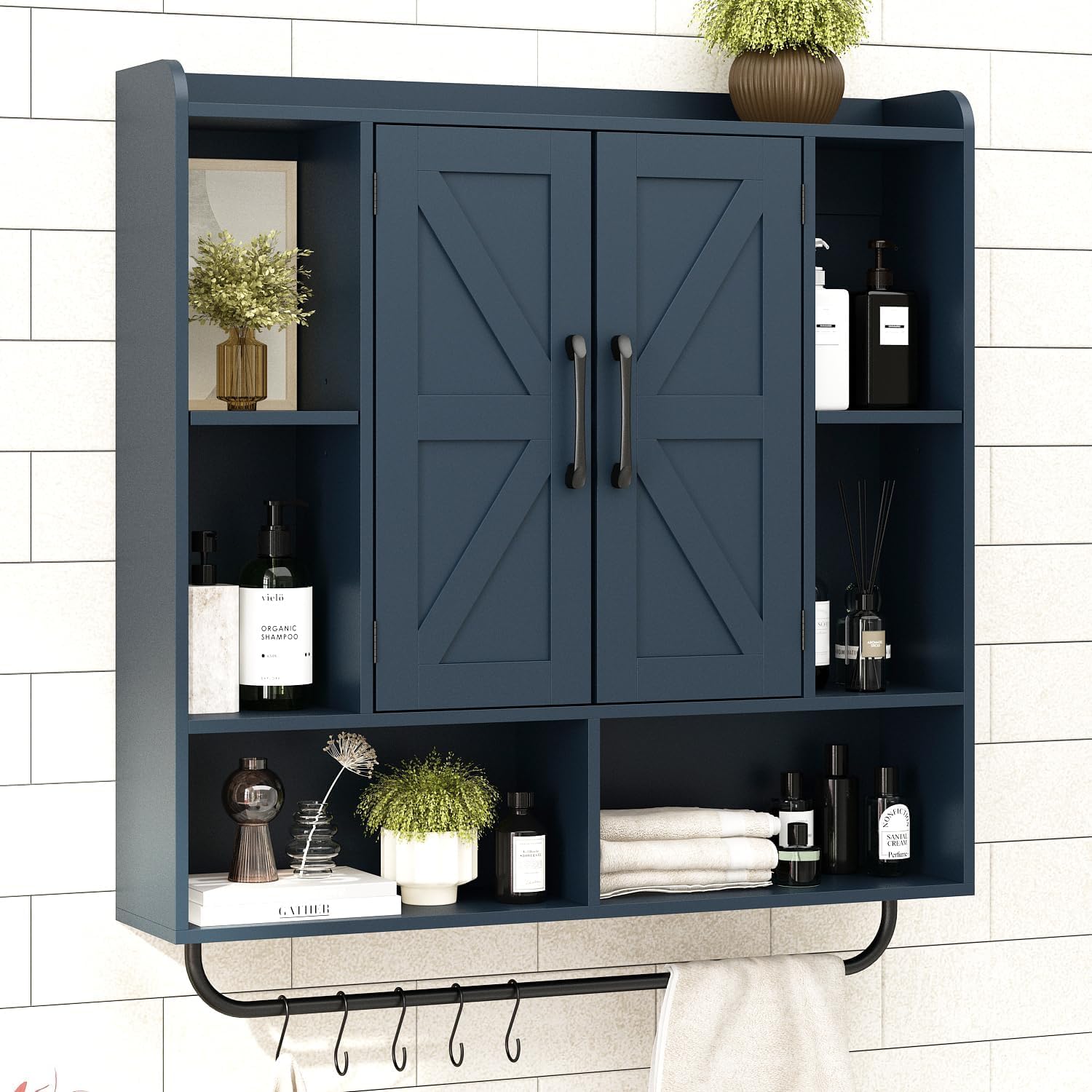 RUSTOWN Rustic Wood Wall Bathroom Cabinet, Farmhouse Medicine Cabinet Wall Mounted, Space Saving Wall Storage Cabinet with 2 Barn Door, 3-Tier Adjustable Shelves and Towel Bar(Navy Blue)