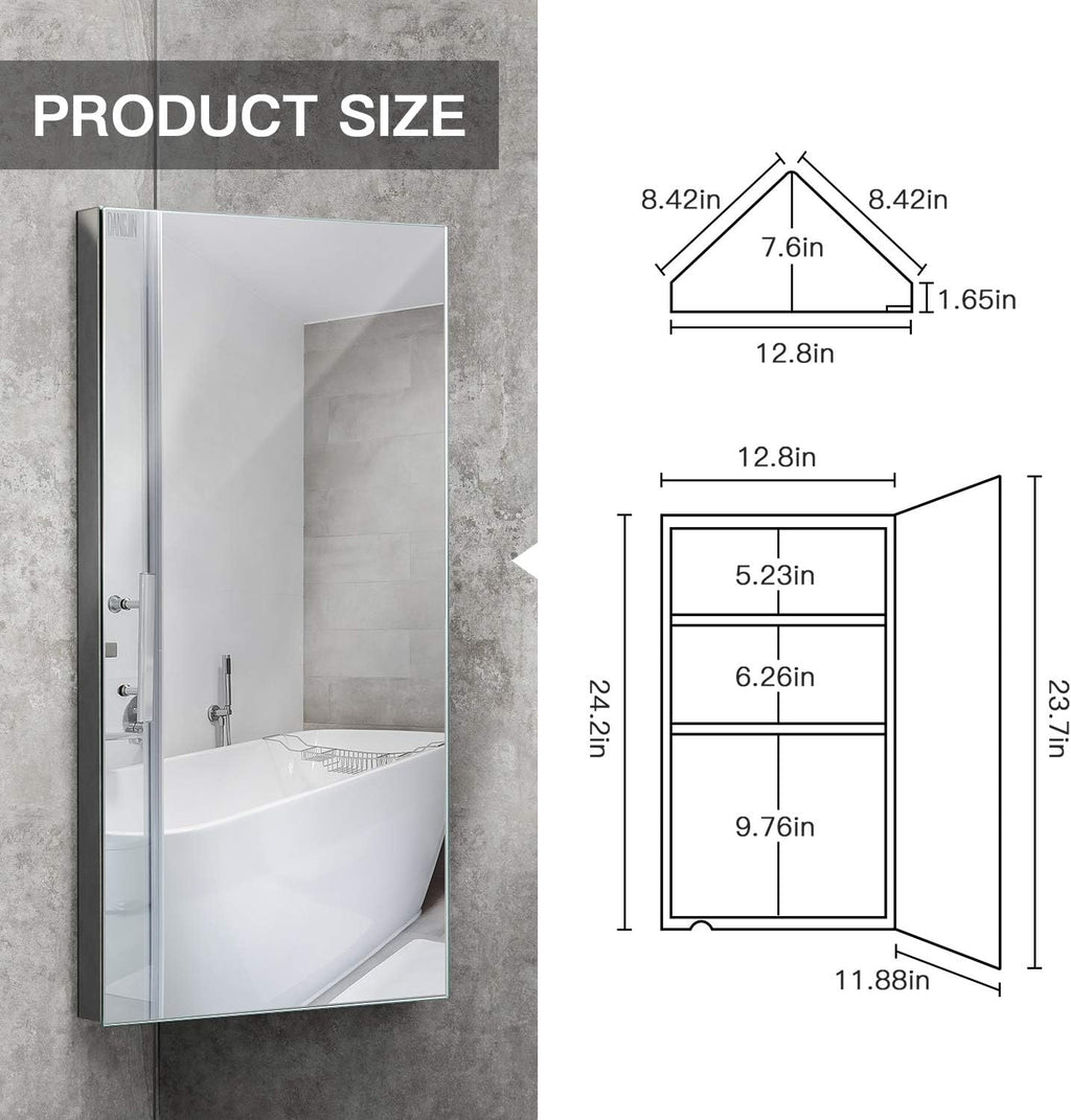 24-inch 304 Stainless Steel Corner Medicine Cabinet with Mirror | Wall-Mounted Bathroom Storage Cabinet, 3 Shelves, Space-Saving Design