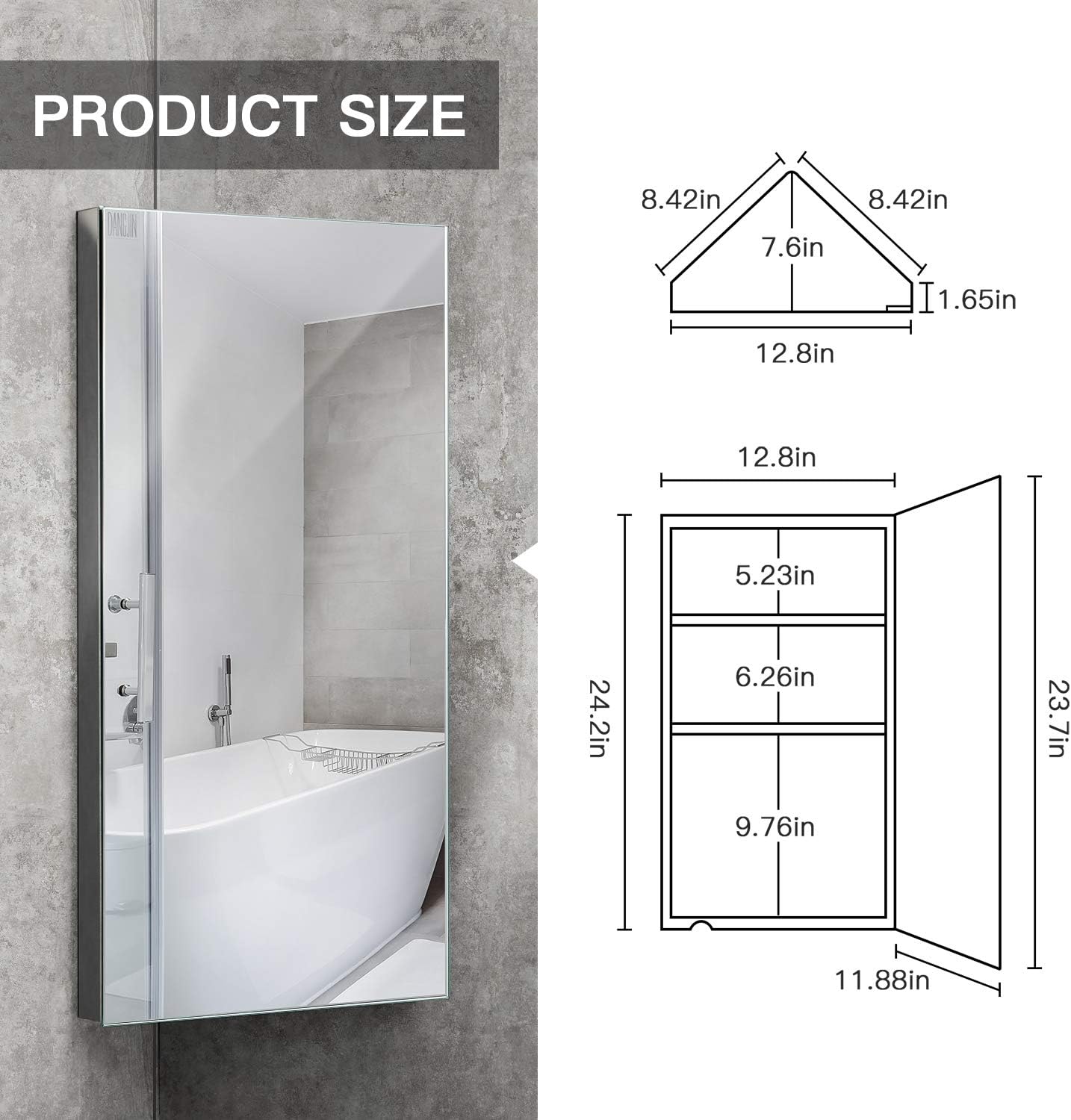 24-inch 304 Stainless Steel Corner Medicine Cabinet with Mirror | Wall-Mounted Bathroom Storage Cabinet, 3 Shelves, Space-Saving Design