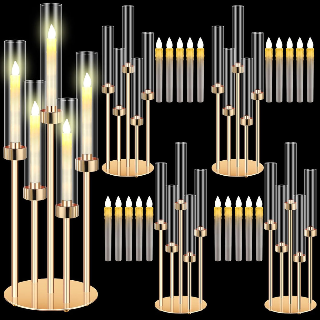 Tandefio 4 Set 5 Arm Gold Candelabra Table Centerpiece with LED Candle, 26.8' Tall Acrylic Cylinder Candle Holder with Lampshades Fit 0.8 for Wedding, Anniversaries, Dinner, Party, Easter, Home Decor