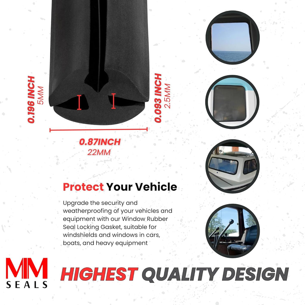 Window Rubber Seal 13/64' X 3/32' Locking Gasket for Windshield and Windows Cars, Boats and Heavy Equipment (33 Feet)