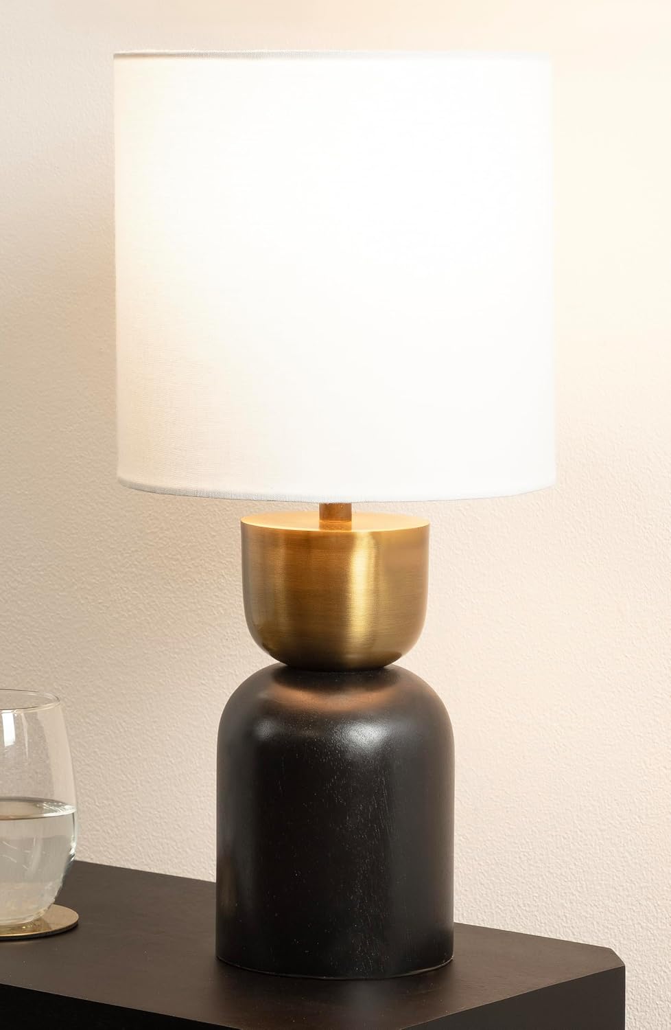 Kate and Laurel Marley Modern Mango Wood and Metal Bedside Table Lamp, 8 x 8 x 17, Antique Brass and Black, Decorative Sculpted Hourglass Tabletop Desk Lamp with Linen Shade for Living Room Decor