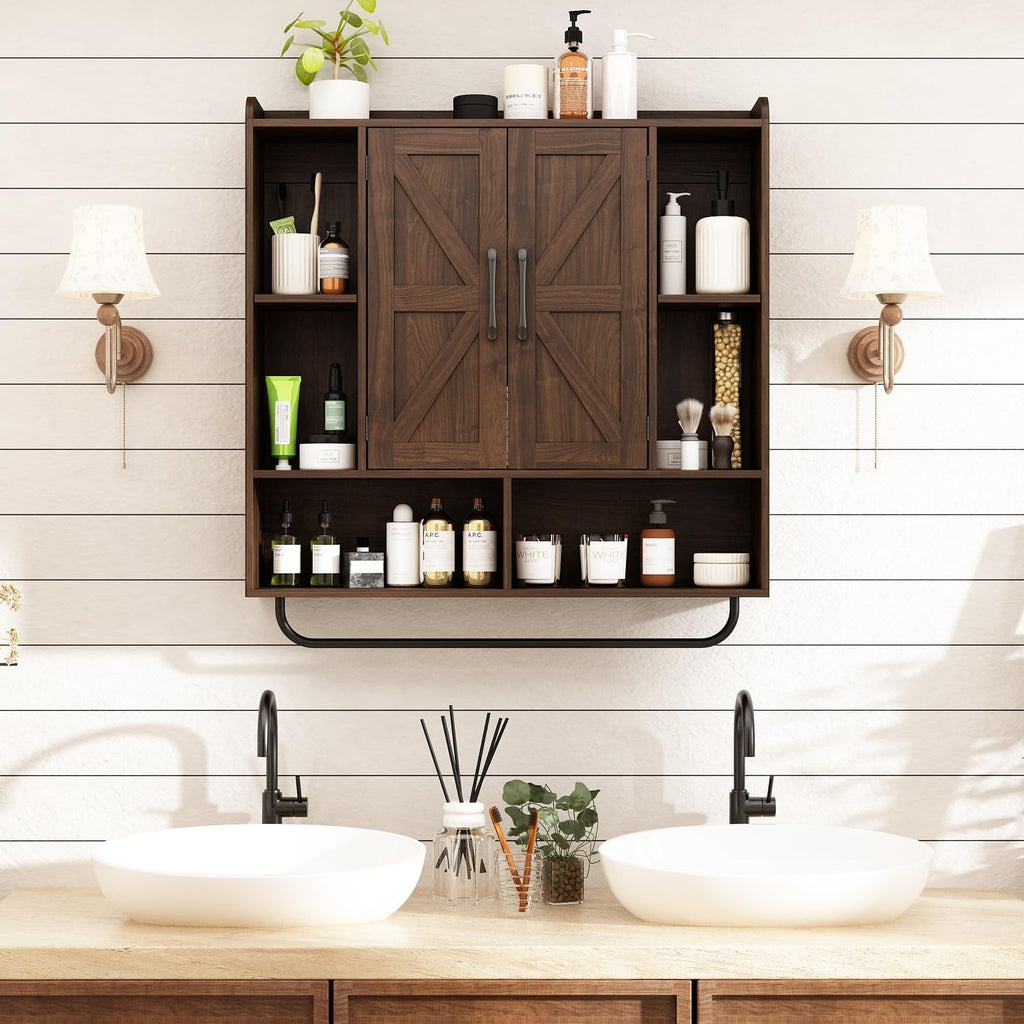 RUSTOWN Rustic Wood Wall Bathroom Cabinet, Farmhouse Medicine Cabinet Wall Mounted, Space Saving Wall Storage Cabinet with 2 Barn Door, 3-Tier Adjustable Shelves and Towel Bar(Dark Walnut)