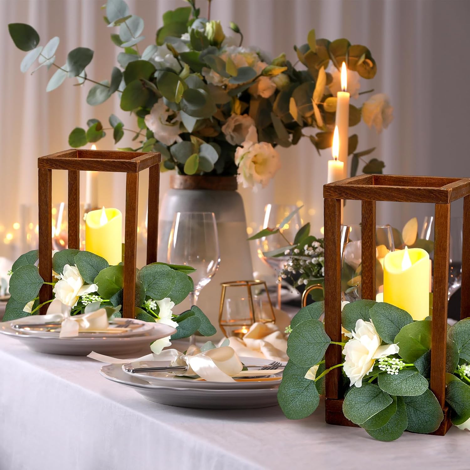 Sabary 45Pcs/15 Set Wooden Wedding Lantern Centerpiece, Include 15 Candle Holder 15 LED Candle 15 Eucalyptus Leave Wreath for Rustic Wedding Table Decoration, Country Barn Table Valentine Decor, Party