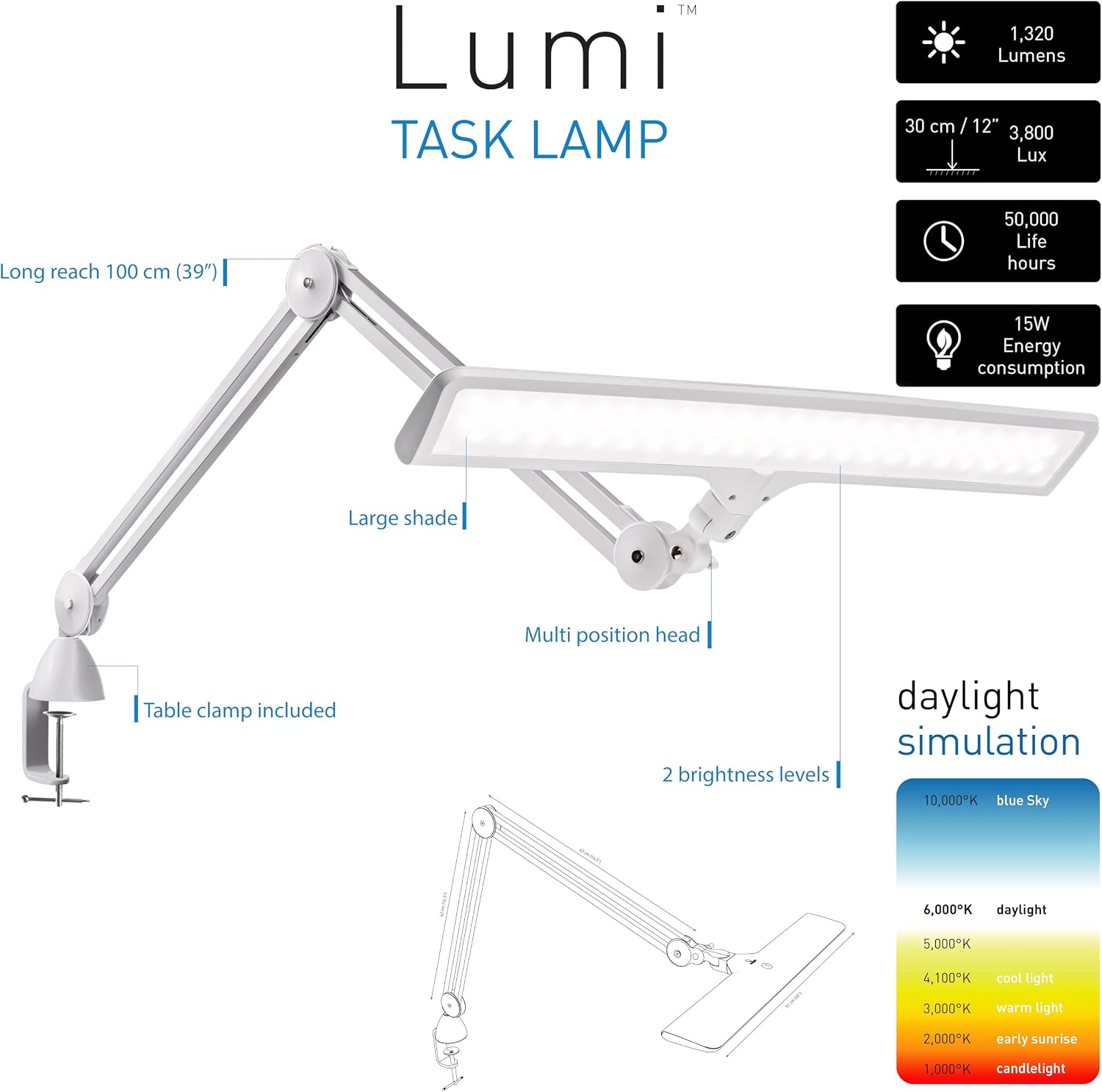 Daylight Company Lumi Task Lamp,+95 CRI, 4000 Lux,Craft Light, Super Bright Desk Lamp, Touch Dimmable, 2 Brightness Levels, Ideal Table Light, Drawing Lamps - Metal - 15 W