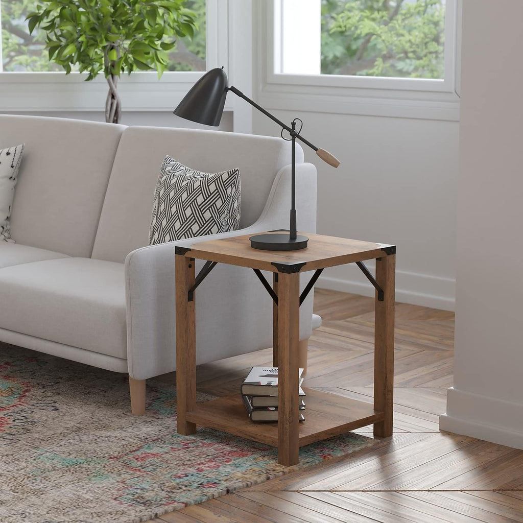 Flash Furniture Wyatt Modern Farmhouse 2 Tier Side Table - Rustic Oak Engineered Wood Frame - Black Metal Crisscross Side Braces and Corner Accents