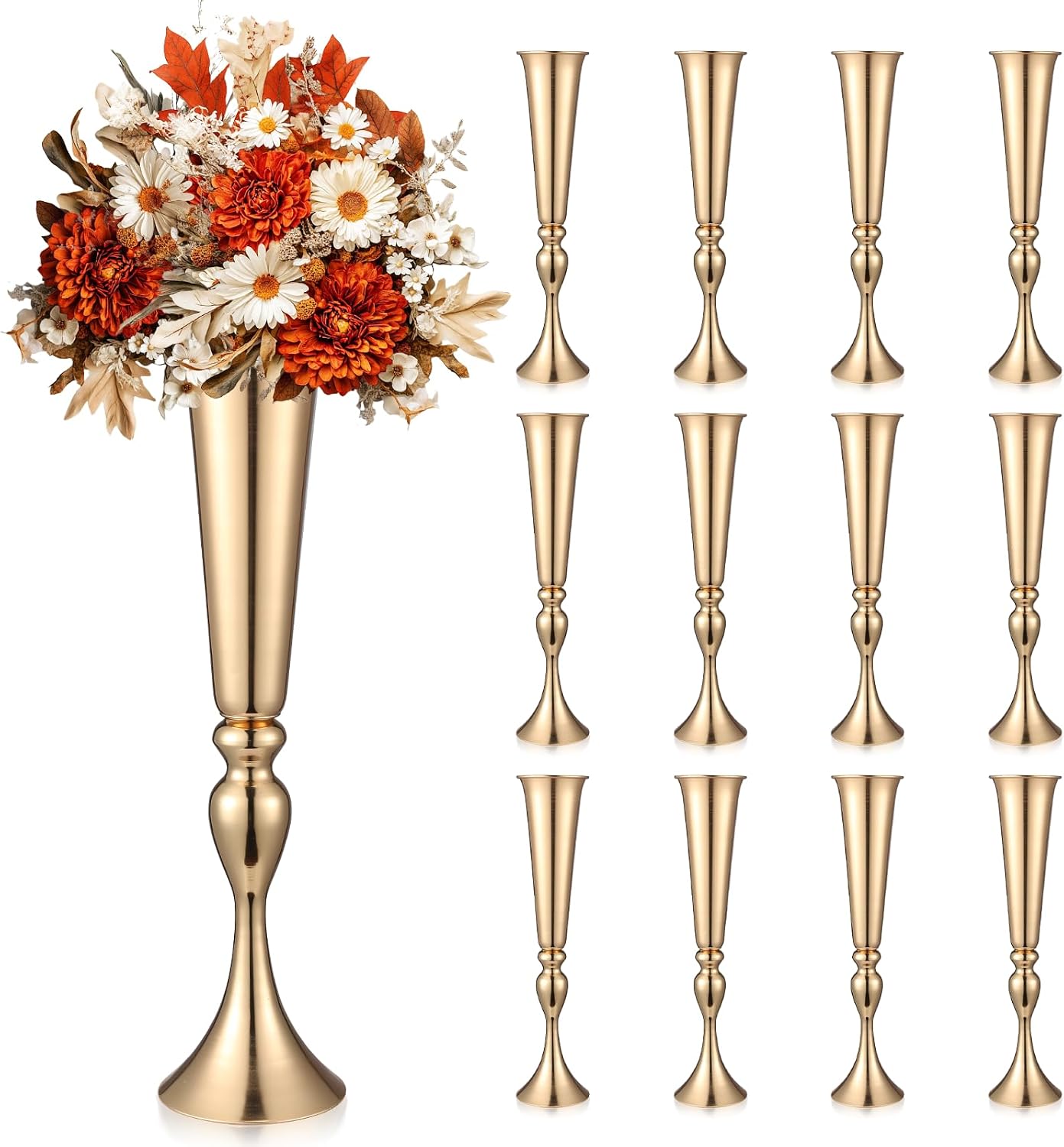 12 Pcs Tall Gold Trumpet Vases for Centerpieces & Wedding Tables - 21.65' Tall Gold Flower Vase Set with Weighted Base, Metal Trumpet Centerpieces for Tables (Bases para Centros de Mesa)