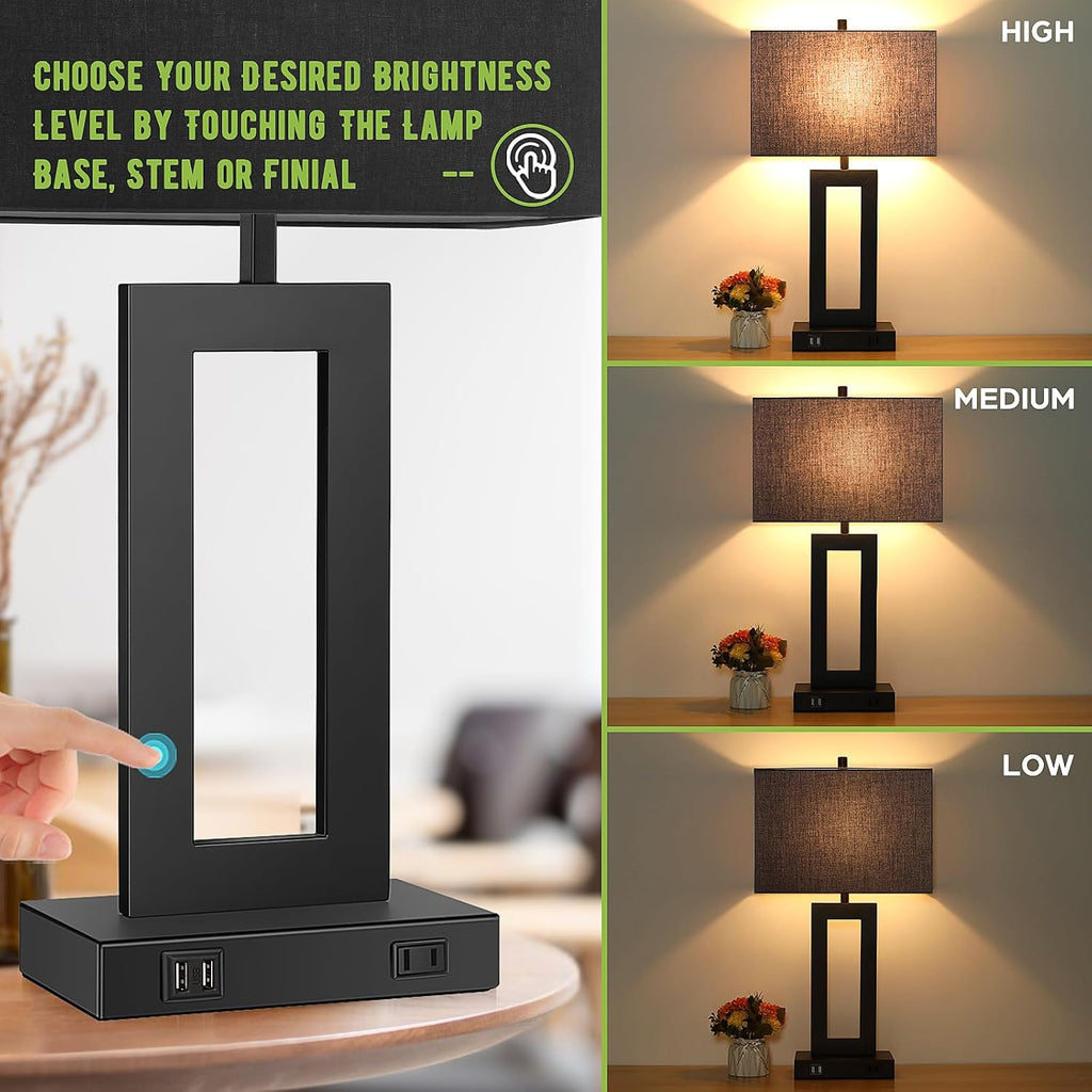 TOBUSA 28'' Tall Black Lamps for Living Rooms Set of 2, Modern Touch Control Table Lamps for Bedroom, 3 Way Dimmable Bedside Lamps with 2 USB Ports&AC Outlet, High-end Decor Lamp for Home Office