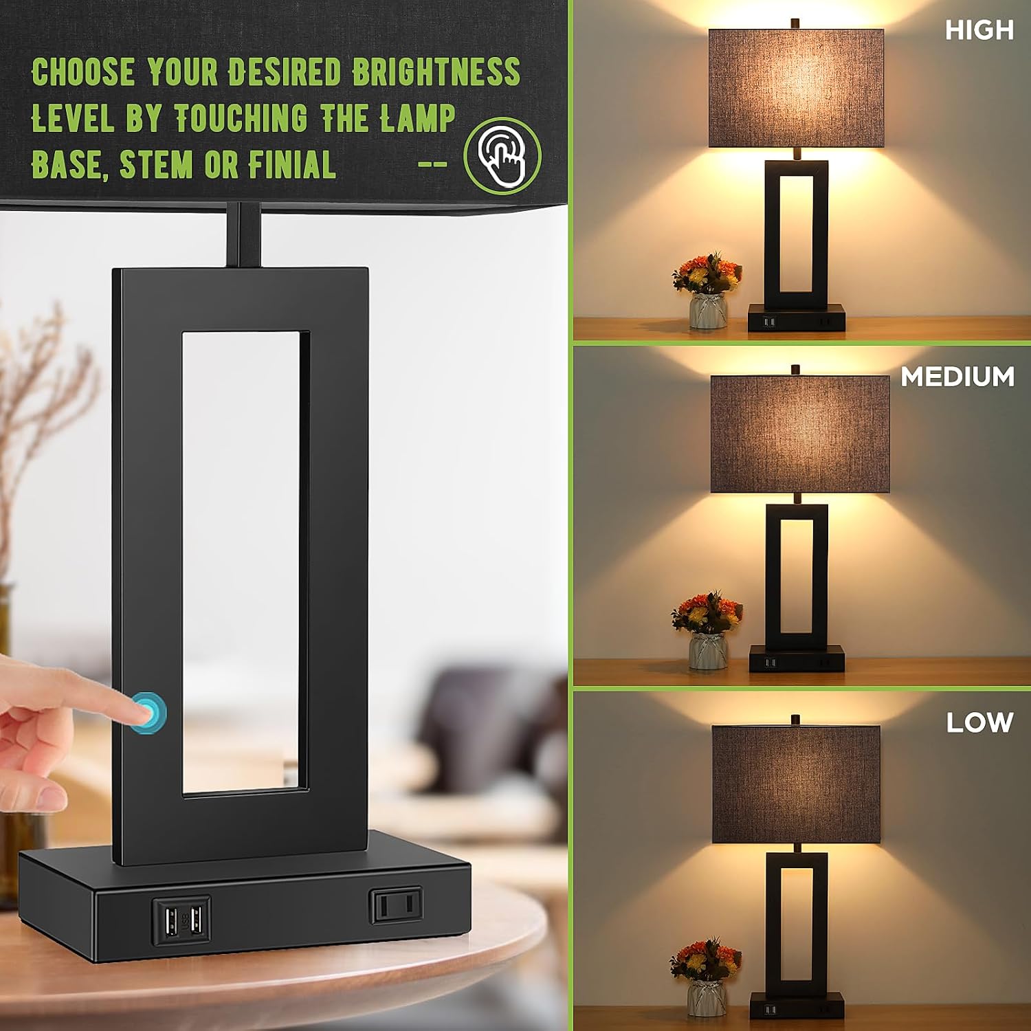 TOBUSA 28'' Tall Black Lamps for Living Rooms Set of 2, Modern Touch Control Table Lamps for Bedroom, 3 Way Dimmable Bedside Lamps with 2 USB Ports&AC Outlet, High-end Decor Lamp for Home Office