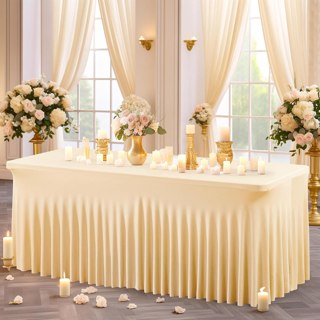 Shillance 6 Packs Champagne Spandex Tableclothes for 8 Foot Rectangle Table, Spandex Table Covers 8FT Stretch Table Skirts Wrinkle Free Fitted Table Cloth for Event, Wedding, Banquet & Parties