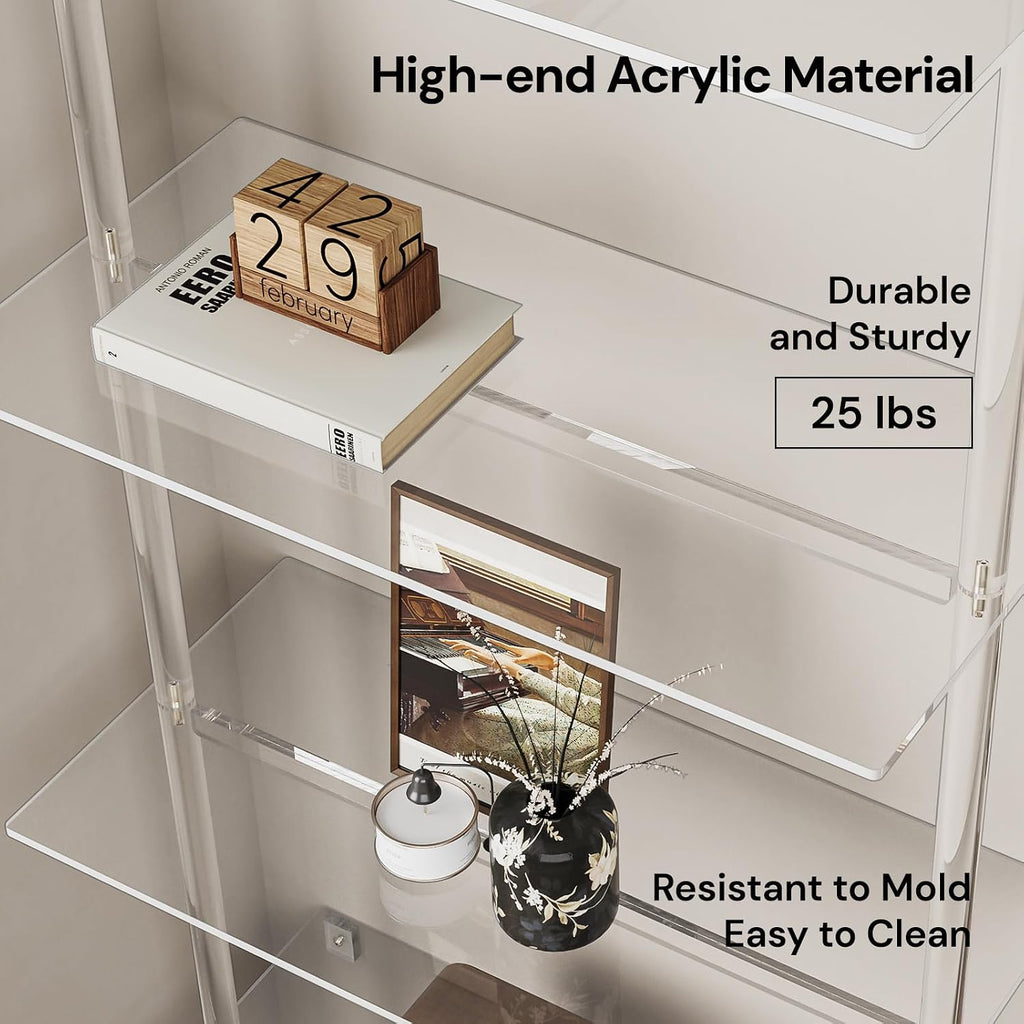 Acrylic Ladder Bookshelf, 4-Tier Clear Wall Mounted Bookshelf with Open Shelves, Multipurpose Bookcase for Living Room, Bathroom, Office, Modern, 11.6' D x 23.4' W x 59.4' H