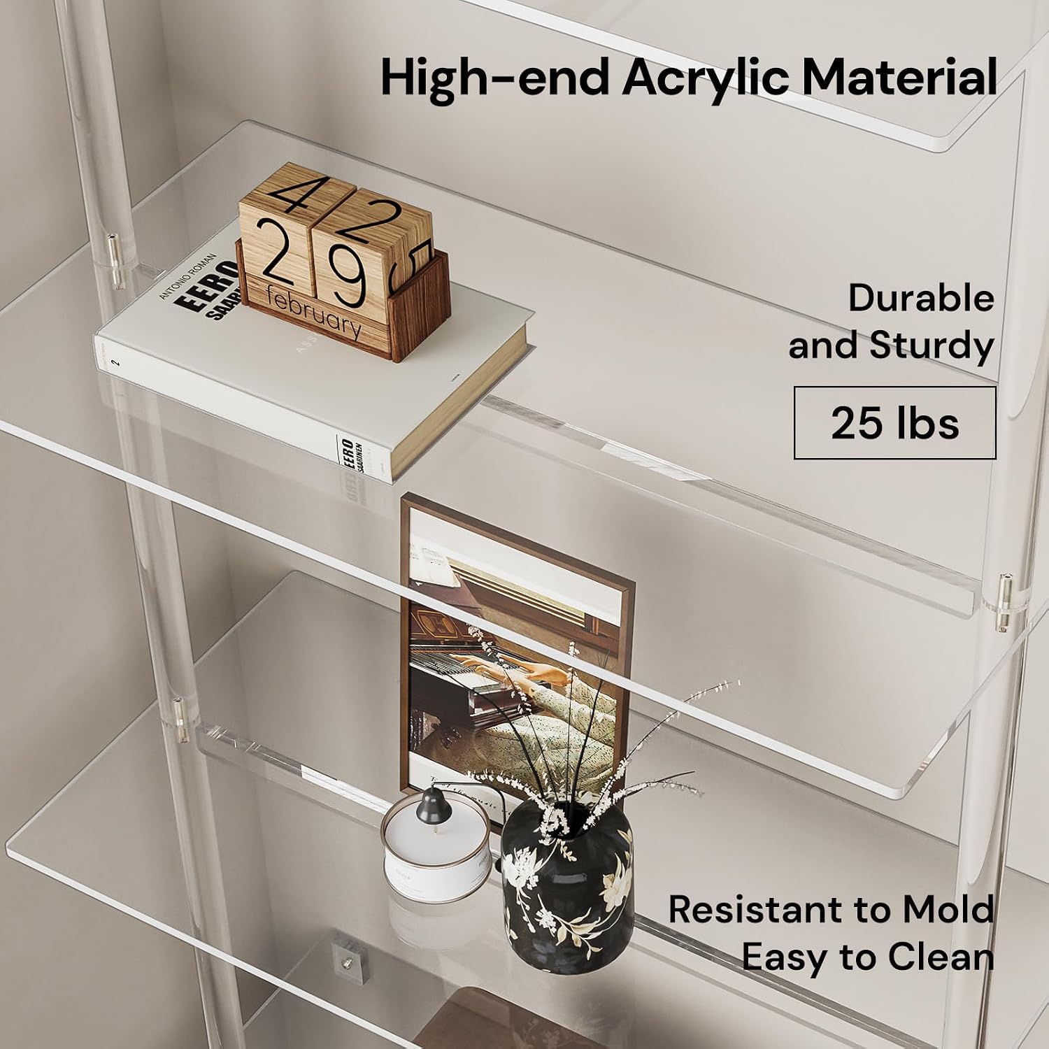 Acrylic Ladder Bookshelf, 4-Tier Clear Wall Mounted Bookshelf with Open Shelves, Multipurpose Bookcase for Living Room, Bathroom, Office, Modern, 11.6' D x 23.4' W x 59.4' H