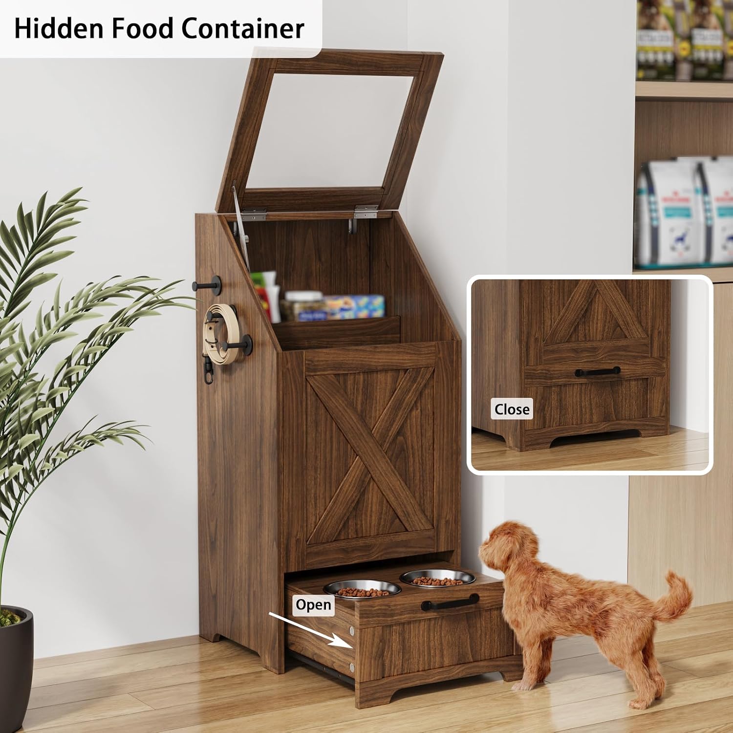 Dog Feeding Station with Storage,Wooden Pet Food Storage Cabinet,Equipped with 2 High Footed Bowls and 3 Hooks,Top Glass Flip Cover,Anti Tipping Device (Dog Feeding Station-Walnut)