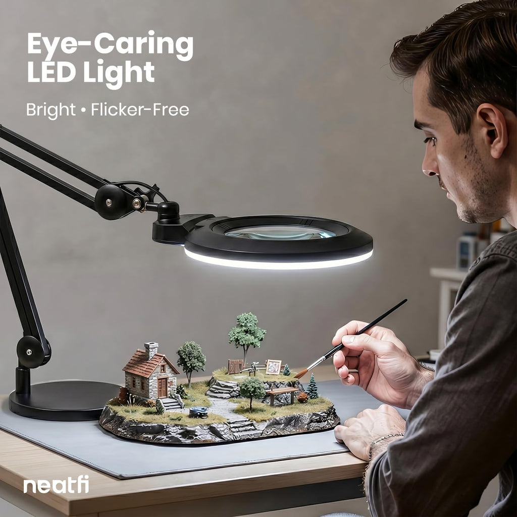 Neatfi XL LED Magnifying Lamp, Hands-Free, Dimmable, Crafts, Reading, Close Work (Black, Non-CCT with Base)