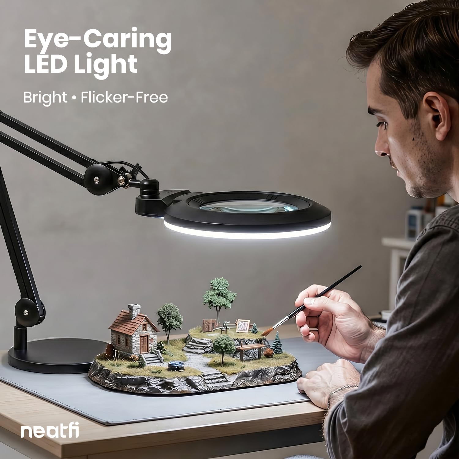 Neatfi XL LED Magnifying Lamp, Hands-Free, Dimmable, Crafts, Reading, Close Work (Black, Non-CCT with Base)