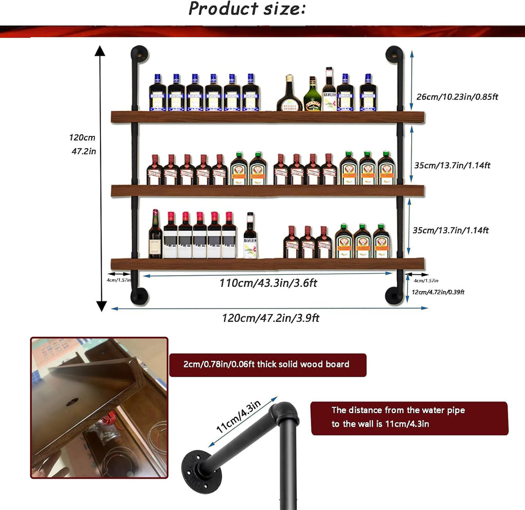 Solid Wood Wine Racks Wall Mounted with LED Lights, Metal Wine Bottles Display Shelf, Industrial Floating Lighted Bar Shelves Liquor Rack for Home & Dining Room (120cm/47.2in)