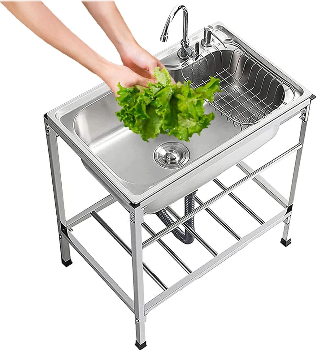 Commercial Sink 304 Stainless Steel Single Bowl Sink with Adjustable Shelves Over The Sink and Hanging Rod, Freestanding Utility Sink for Restaurant Kitchen Laundry Room Garage