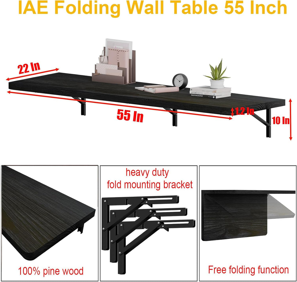 IAE Floating Wall Mounted Folding Table Desk with Pine Wood,55' x 22' Folding Workbench,Fold Down wall Mounted Foldable Table with Shelf Brackets,Laundry Folding Table for Apartment,Home,Kitchen,Black