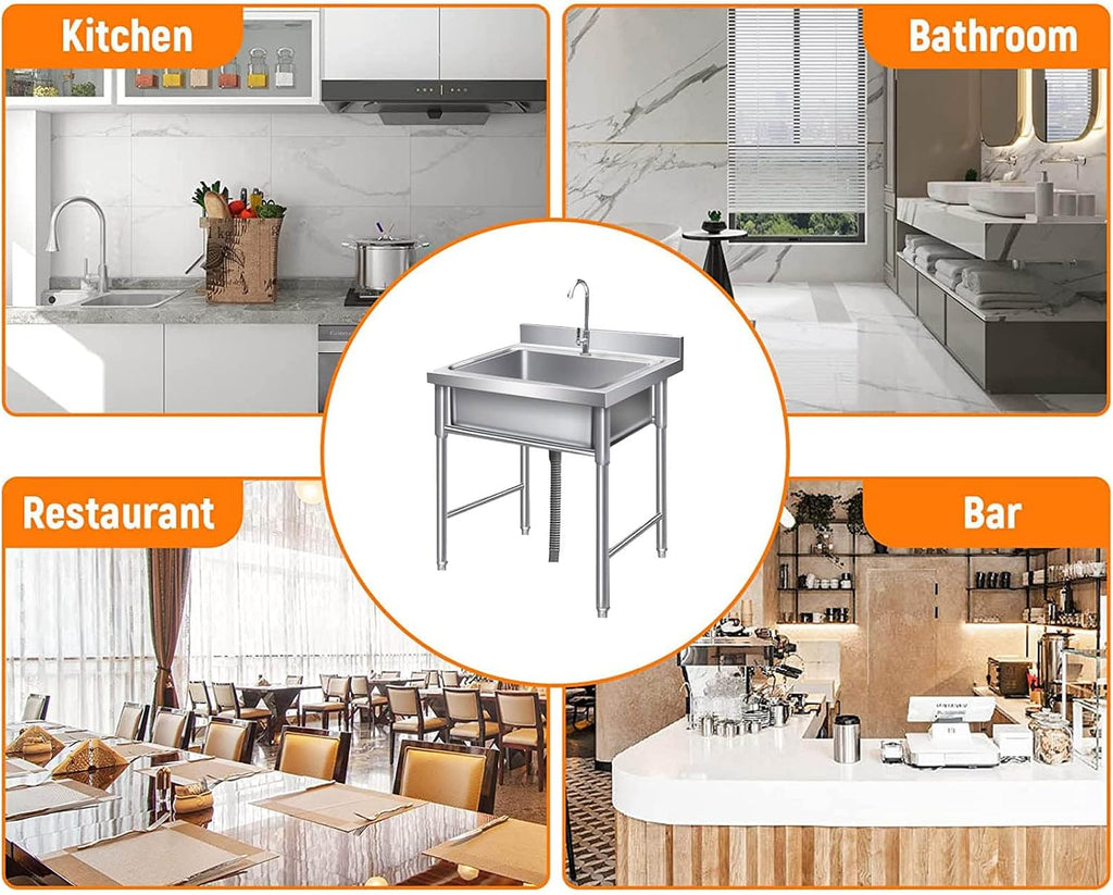 Commercial Kitchen Sink Stainless Steel Single Bowl Sink, Freestanding Hand Wash Sink for Garage Restaurant Kitchen Outdoor