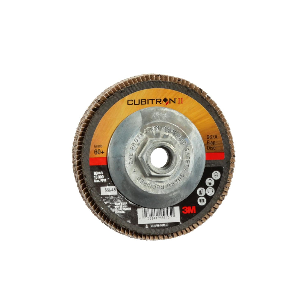 3M Cubitron II Flap Disc 967A, 60+, T29 Quick Change, 4-1/2 in x 5/8'-11, Giant, Pack of 10, Medium Pressure Applications, Light Deburring, Scale Removal, Oxide Removal, Surface Prep