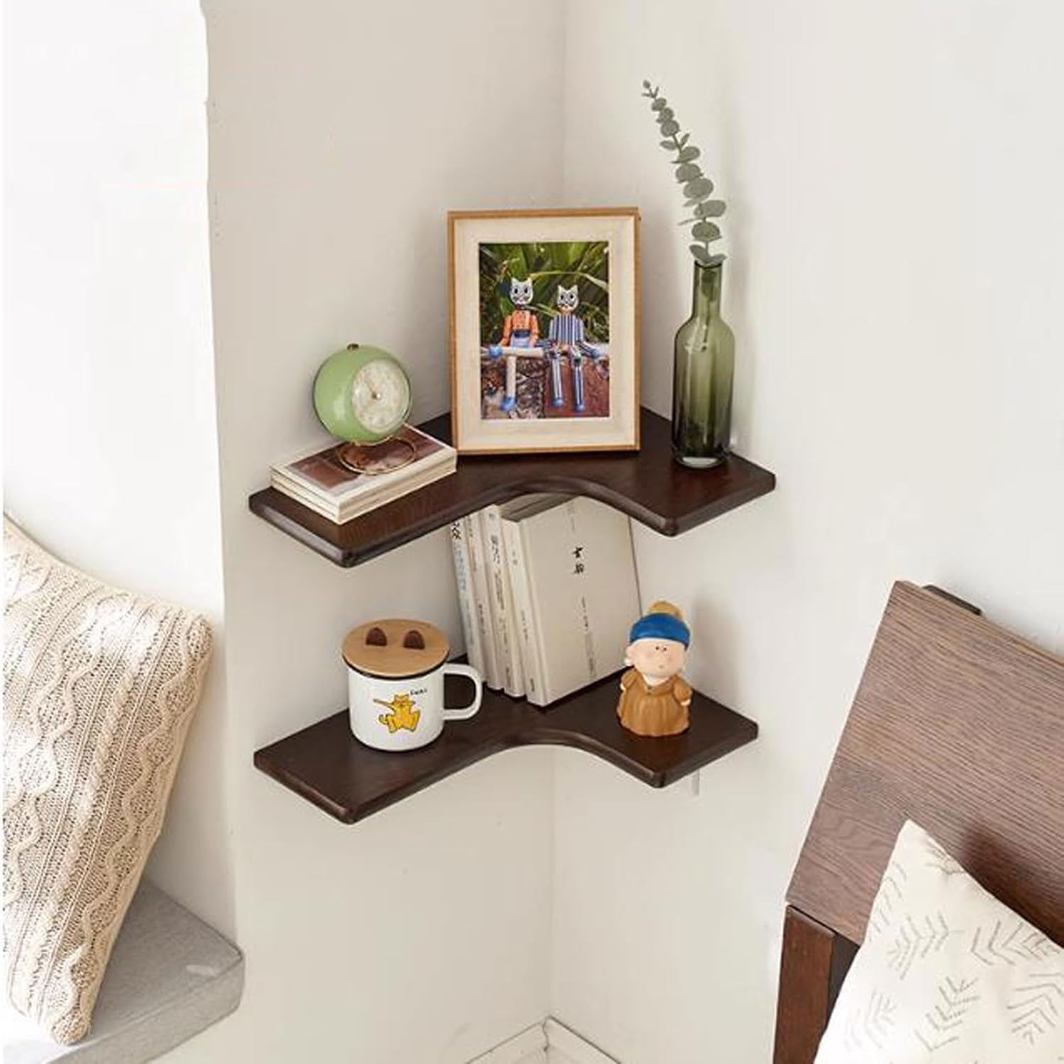 Wall Shelf Solid Wood Corner Floating Shelves Wall Mounted Set of 3, L Shape Wood Display Storage Wall Shelves Rack for Living Room, Bedroom, Office, Bathroom Kitchen & D(Walnut B-3pcs-One Size)