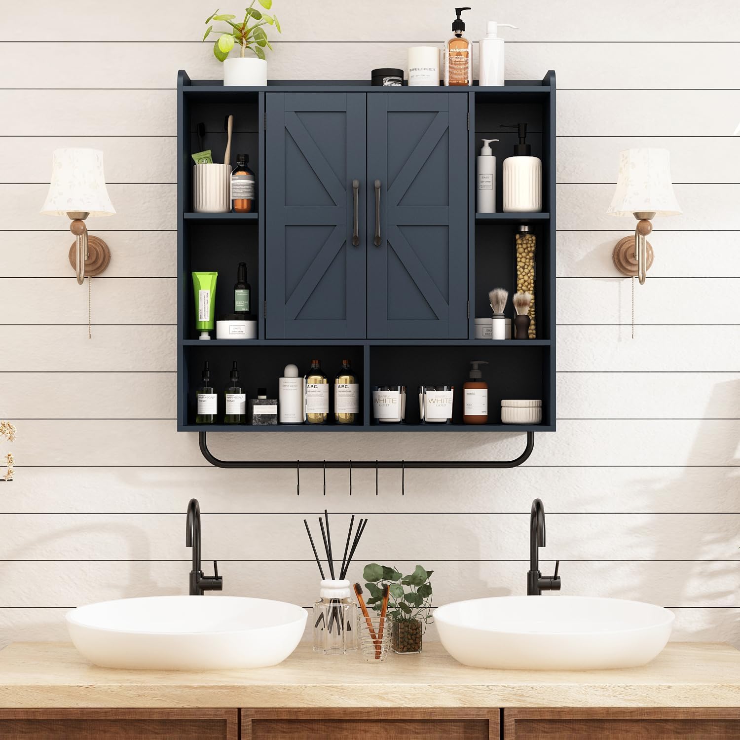 RUSTOWN Rustic Wood Wall Bathroom Cabinet, Farmhouse Medicine Cabinet Wall Mounted, Space Saving Wall Storage Cabinet with 2 Barn Door, 3-Tier Adjustable Shelves and Towel Bar(Navy Blue)