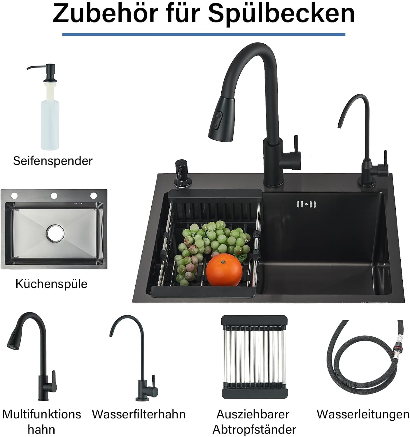 Stainless Steel Kitchen Sink Black, Topmount/Undermount Single Bowl Farmhouse Workstation Sink with Drainer and Full Fittings Accessories, One Bowl Sinks for Kitchens 60 * 45cm